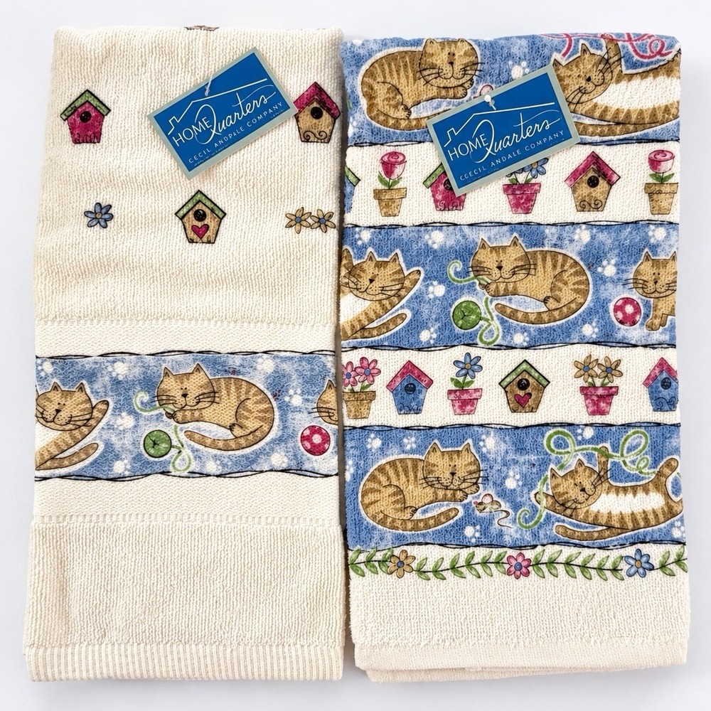 Vintage Cecil Saydah Kitchen Towels Set of 2 Cats Birdhouses Cottage Cotton NWT